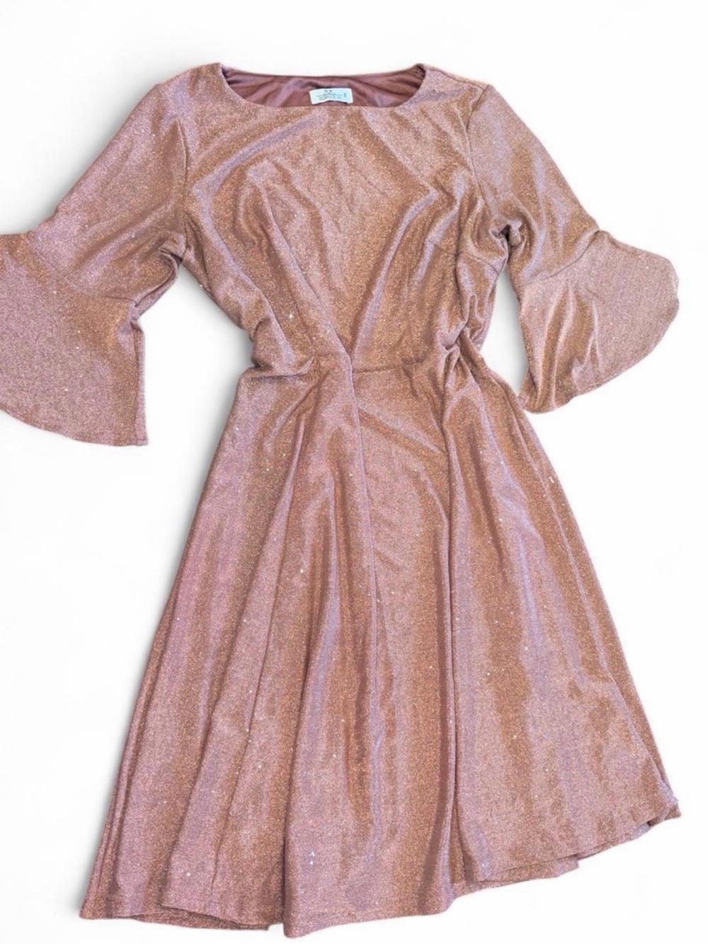 Glitter Rose Gold Midi Dress with Bell Sleeves